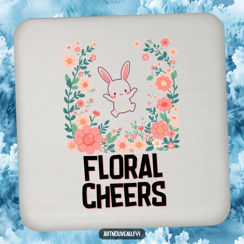 Funny Coasters: A small bunny character leaping joyfully through a cascade of stylized floral patterns, protecting surfaces with joy.