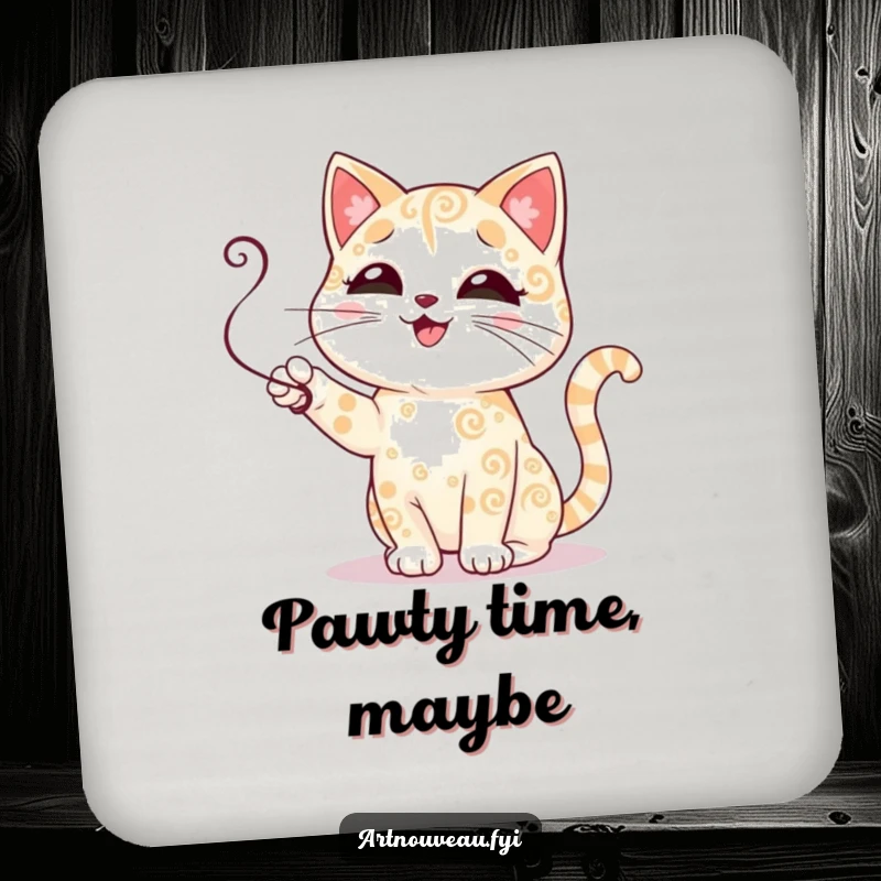Funny cat drink coasters featuring cute cats with swirling fur patterns playfully batting at tendrils, protecting surfaces with humor.