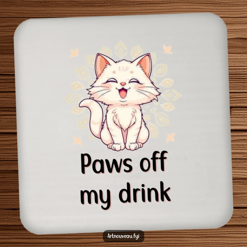 Funny Coasters: Set featuring a delighted cat with flowing fur against a decorative art nouveau pattern, offering artistic protection.