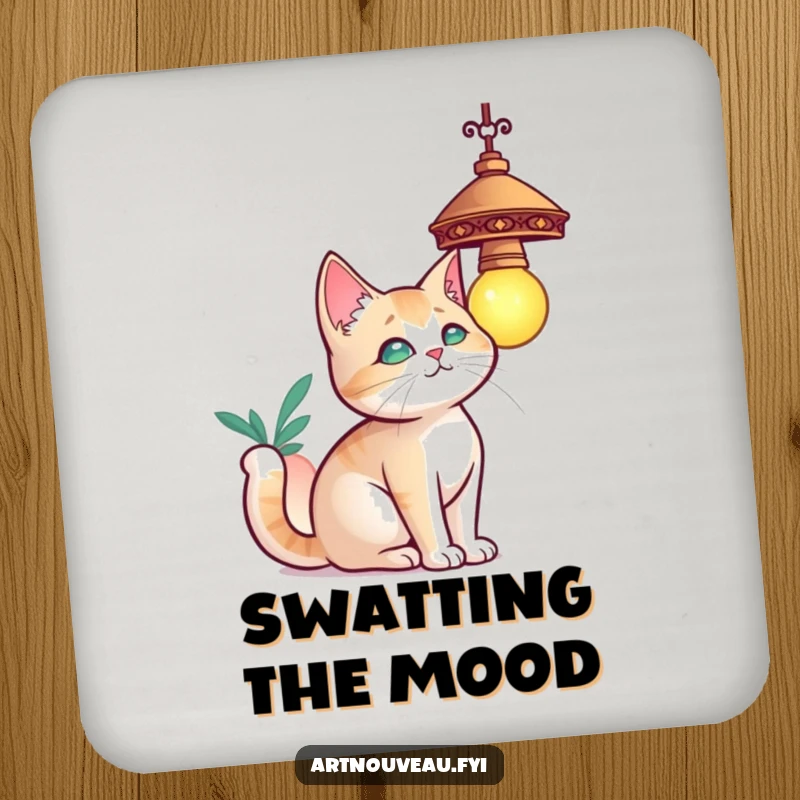 Funny cat drink coaster, a curious cat with elegant curves batting at a decorative hanging lamp, protects surfaces.