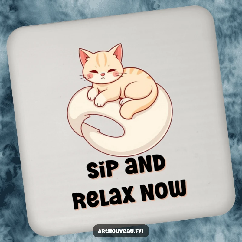 Funny coaster featuring a graceful cat elegantly lounging on a swirling organic form, protecting surfaces with style.