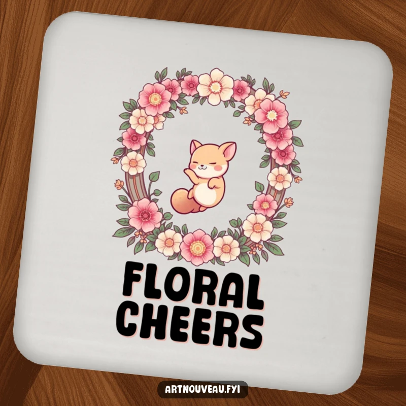 Funny drink coaster featuring a cute animal gracefully diving through a beautiful floral arch, adding a whimsical and protective touch.