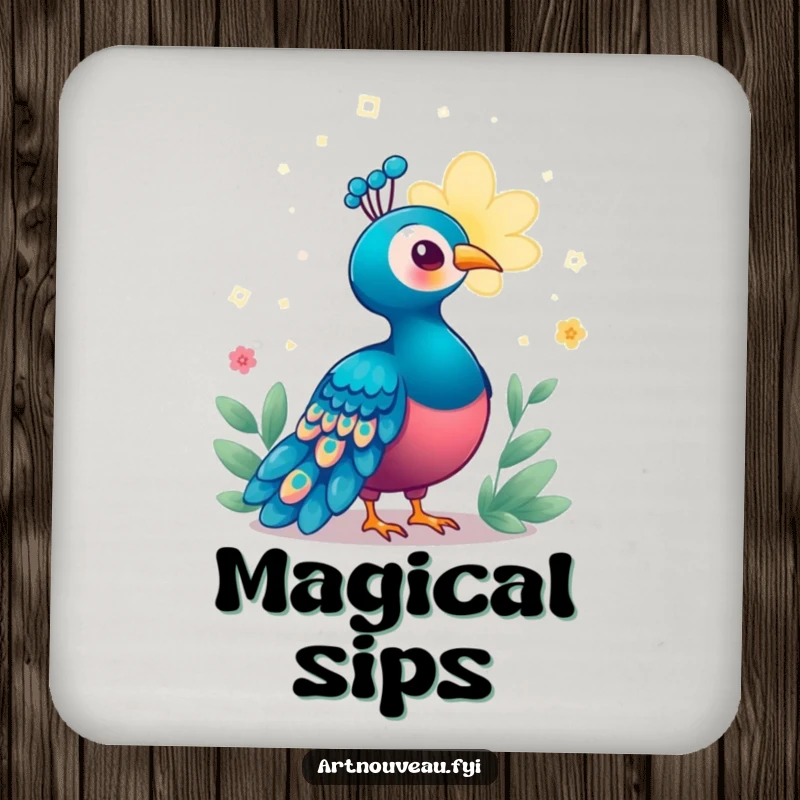 Funny Enchanted Peacock Coasters featuring a bird enchanted by a magical, glowing bloom, protecting surfaces with whimsical and humorous bird-themed designs.