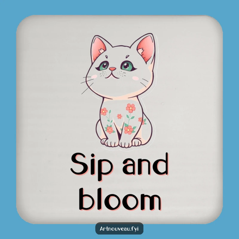 Funny Floral Cat Coaster - Stylized Art Drink Accessory, Charming Funny Gift