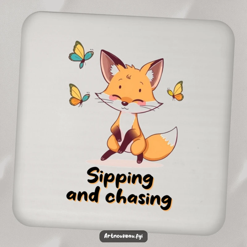 Funny fox coaster with a whimsical fox and butterfly in elegant lines, protecting surfaces with artistry.