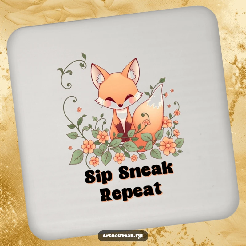 Funny Coasters: Set featuring a whimsical fox with flowing lines from ornate art nouveau vines, protecting surfaces with art.