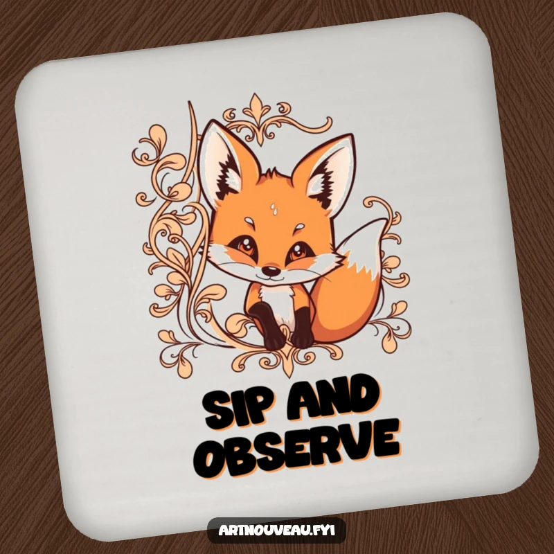 Funny coaster with a curious fox peeking from behind ornate, flowing lines, protecting surfaces with style.