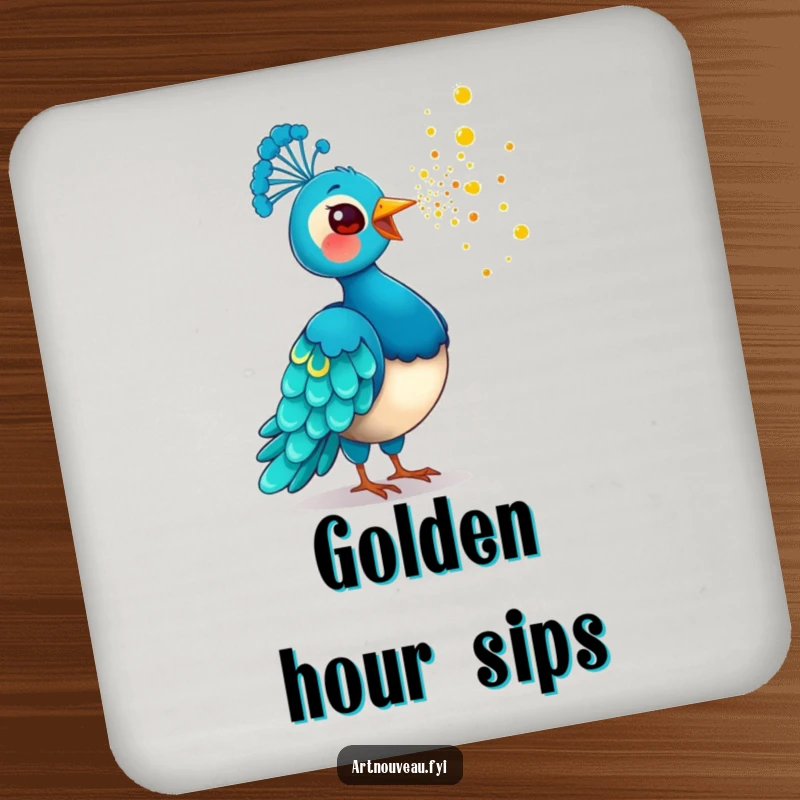 Funny Golden Dust Peacock Coasters featuring a playful bird scattering golden dust, protecting surfaces with magical and humorous bird-themed designs.