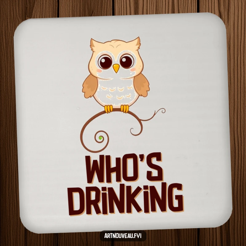 Funny Coasters: A happy owl perched precariously on a looping, decorative tendril, protecting surfaces with charm.