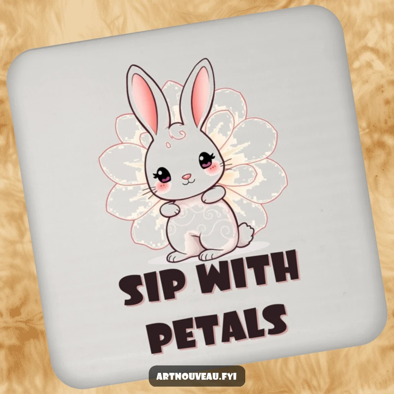 Funny Rabbit Bloom Drink Coaster featuring a cute rabbit with swirling patterns peeking from behind a large decorative bloom, protecting surfaces.