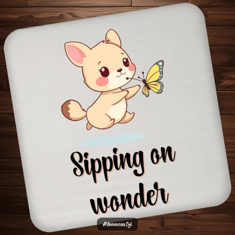 Funny drink coaster depicting a whimsical animal joyfully chasing a delicately drawn butterfly, adding artistic and playful humor to tabletops.