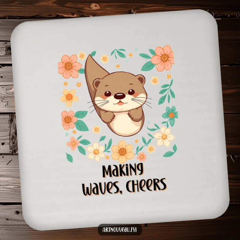 Funny coaster showcasing a playful otter joyfully diving through decorative floral patterns, protecting surfaces with style.
