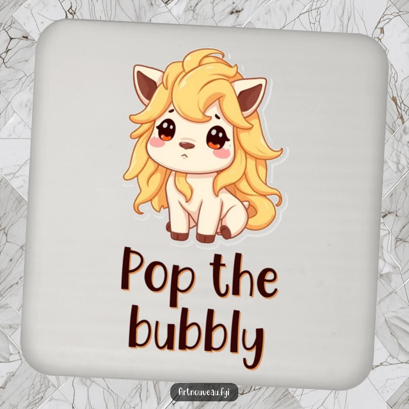 Funny drink coaster showcasing an animal with a flowing golden mane, looking up curiously, adding a touch of magic.