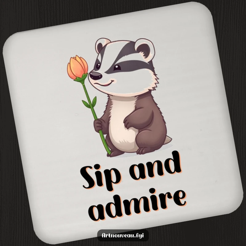 Funny Coasters: A badger with a whimsical grin admiring a dramatically curved flower stem, protecting surfaces with charm.