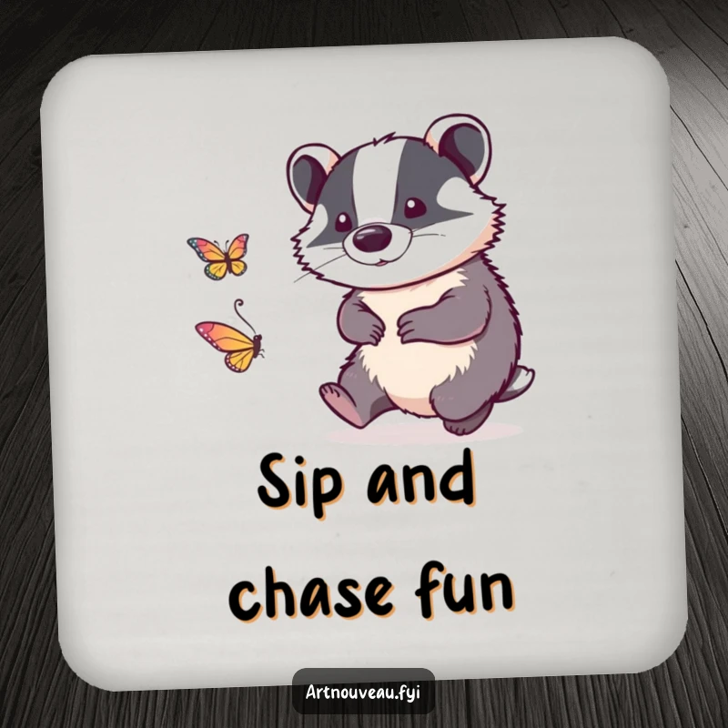 Funny drink coaster with intricate linework badger playfully chasing a stylized butterfly, protecting surfaces with artistic humor.