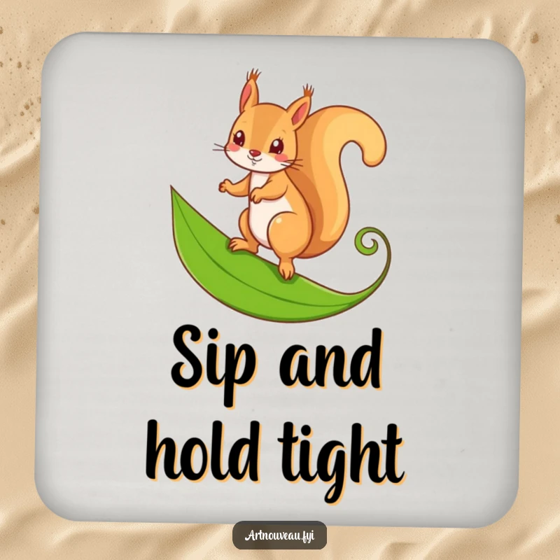 Funny coaster with a mischievous squirrel balancing on a stylized, curling leaf, protecting surfaces with style.