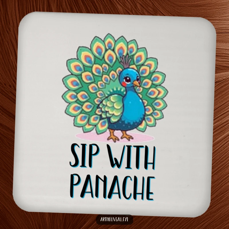 Funny drink coaster with a peacock fanning its tail with elaborate feather patterns, adding elegant decor.