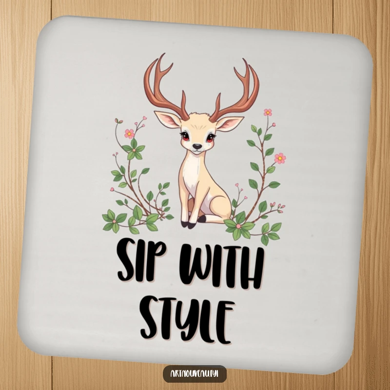 Funny Drink Coasters: An animal with elegant, curved antlers posing amidst artistic vines, protecting surfaces with style.