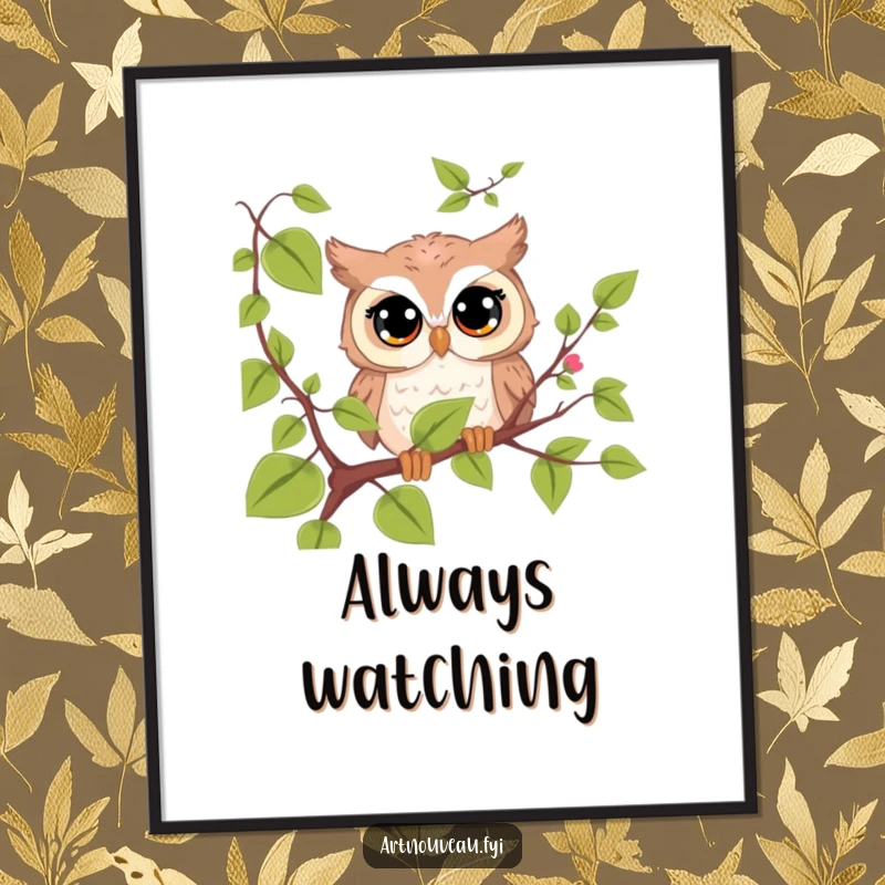 Funny cute owl poster, large curious eyes peeking from behind a flowing vine, adding humor to wall decor, a funny gift.