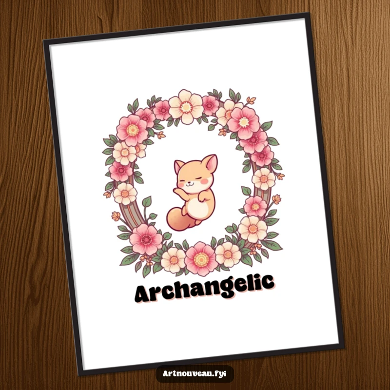 Funny poster capturing a cute animal gracefully diving through a stunning, intricate floral arch, perfect for adding whimsical decor and laughter.
