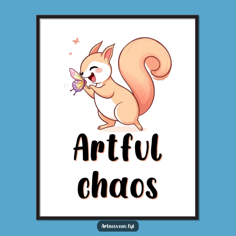 Funny Squirrel Art Nouveau Poster, Joyful Butterfly Chase, Whimsical Wall Art Decor