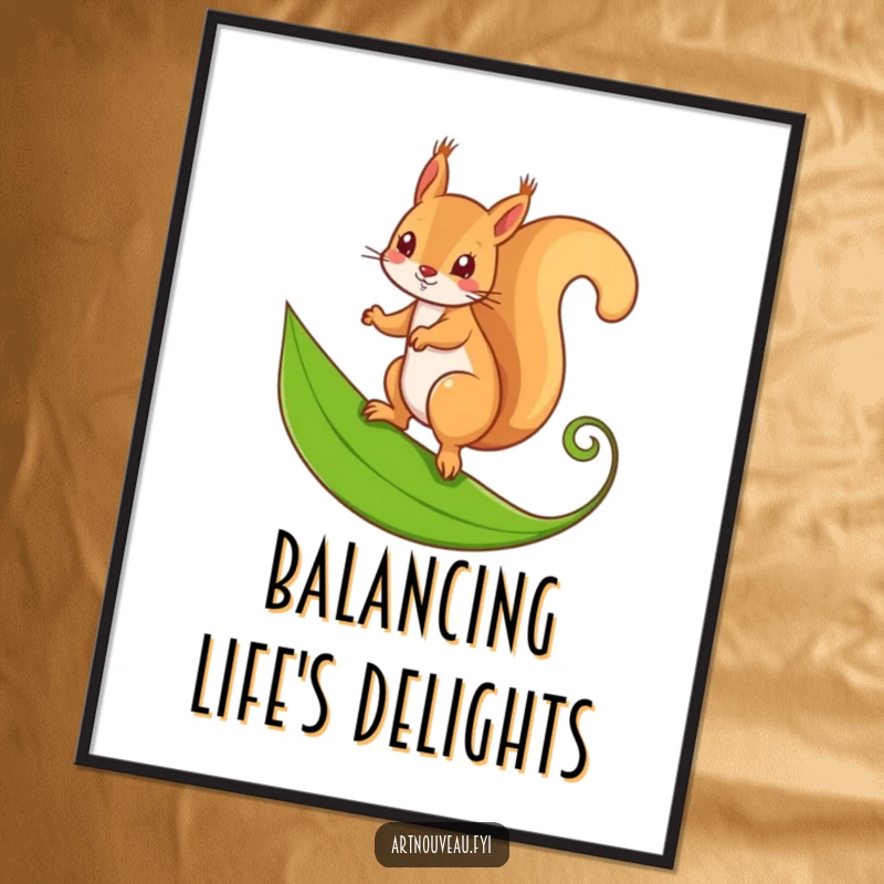 Funny poster art of a mischievous squirrel balancing on a stylized, curling leaf, adding natural charm.