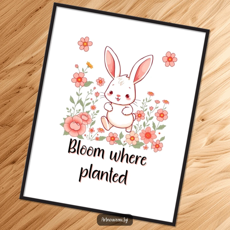 Whimsical rabbit poster, depicting a large-eared hare hopping among artful floral patterns, a delightful piece of wall art.