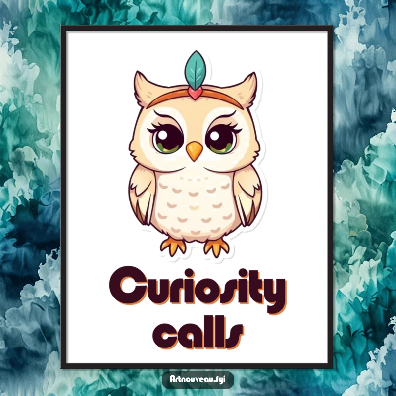 Funny owl poster, whimsical bird in feathered headband, enchantingly curious, wall art, unique funny gift for art lovers.