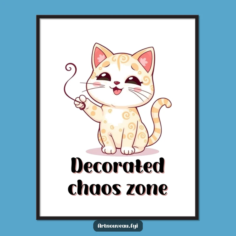 Funny Cat Poster: Cute Swirls Art Print, Whimsical Funny Gift for Decor