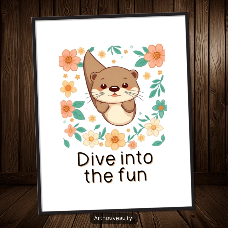Funny poster art of a playful otter diving with joy through decorative floral patterns, adding cheerful decor.