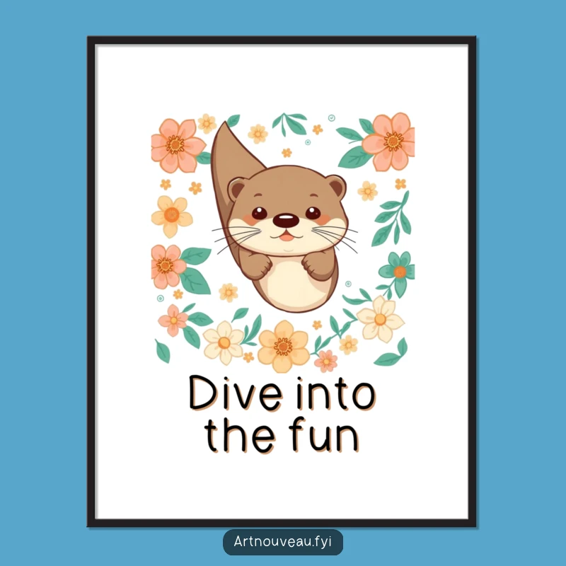 Funny Otter Dive Poster: Playful Art, Floral Patterns, Wall Decor Funny Gift