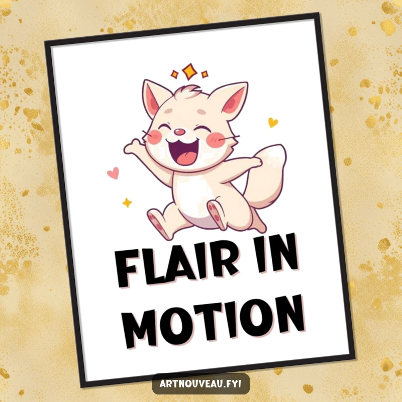 Funny poster print of an energetic animal leaping with decorative flair, creating a dynamic and visually appealing art piece.