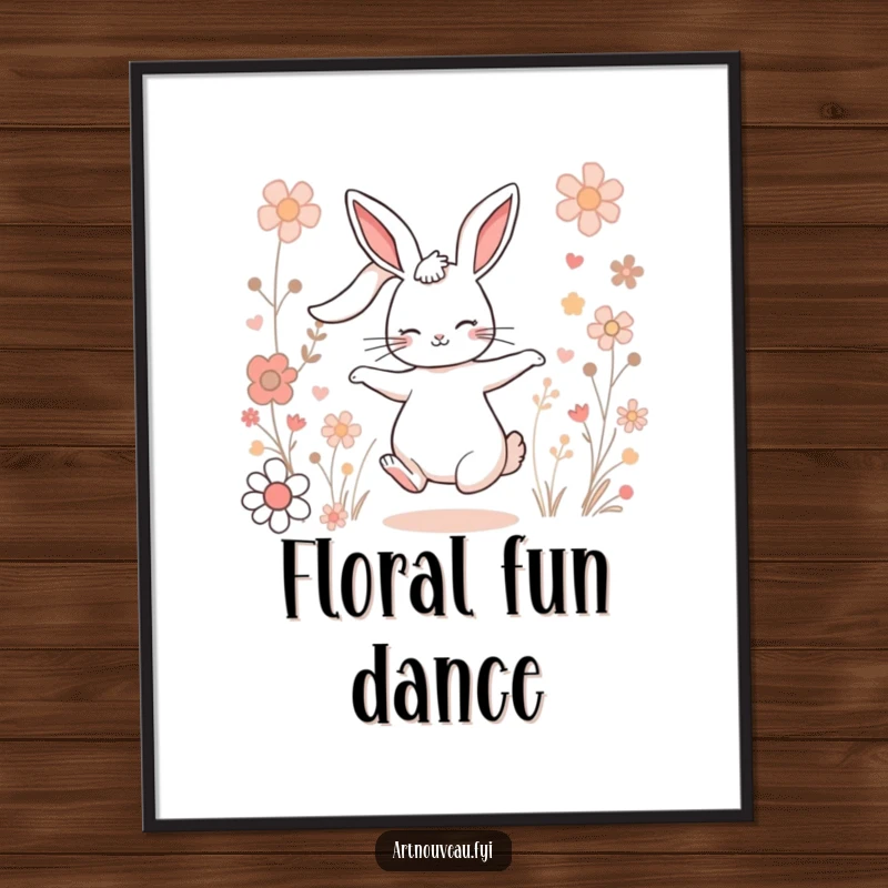 Funny Charming Rabbit Poster: A rabbit dances with flowing ears amidst stylized flowers, creating a whimsical and joyful wall art.