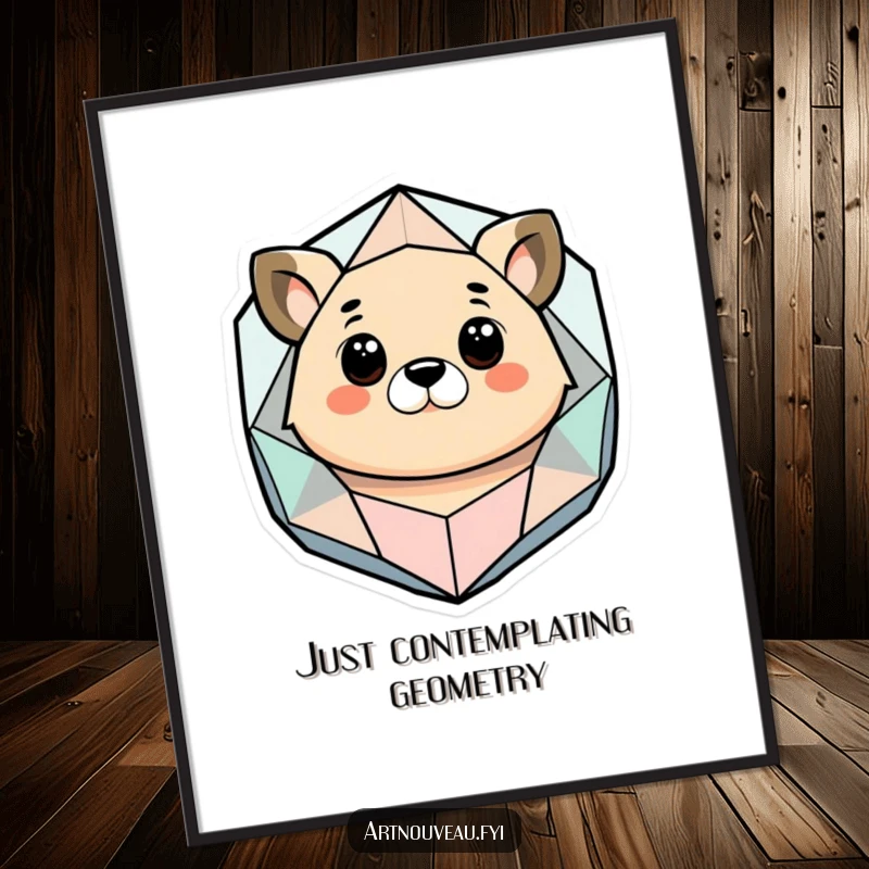 Funny poster featuring a stylized animal contemplating a complex geometric and organic shape, adding abstract humor and artistic value to any wall.