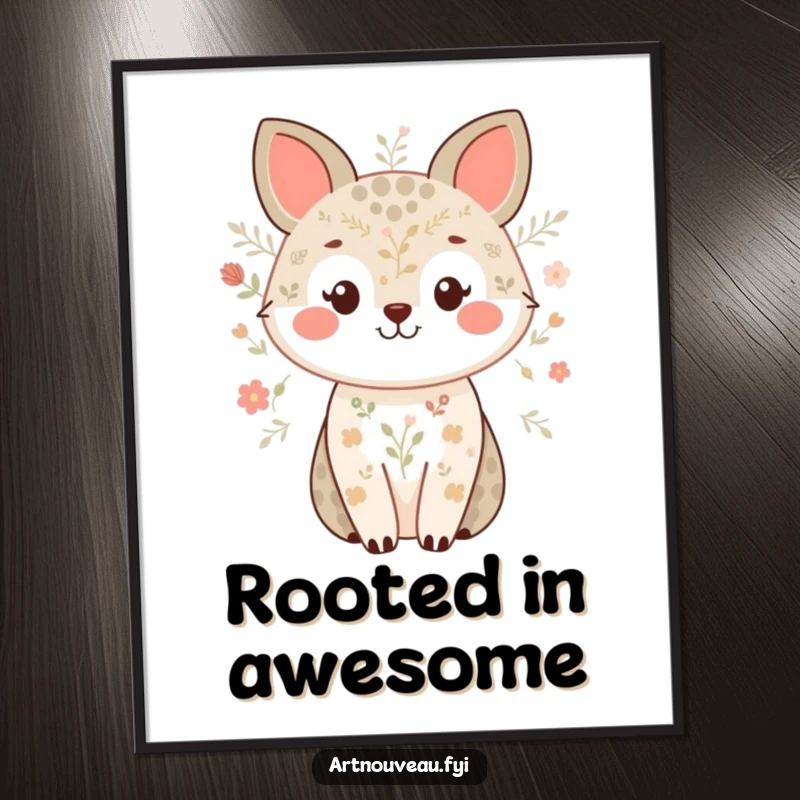 Funny poster of a sweetly smiling animal surrounded by delicate nature-inspired patterns, adding a touch of charm to any room.