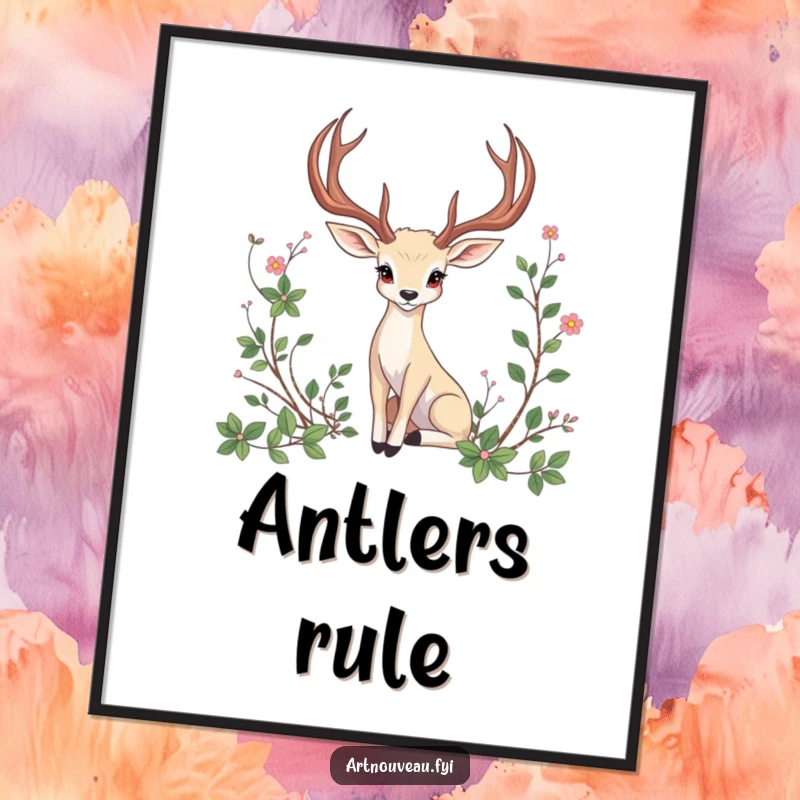 Funny Poster: An animal character with grand, curved antlers gracefully posed amidst intricately designed artistic vines.