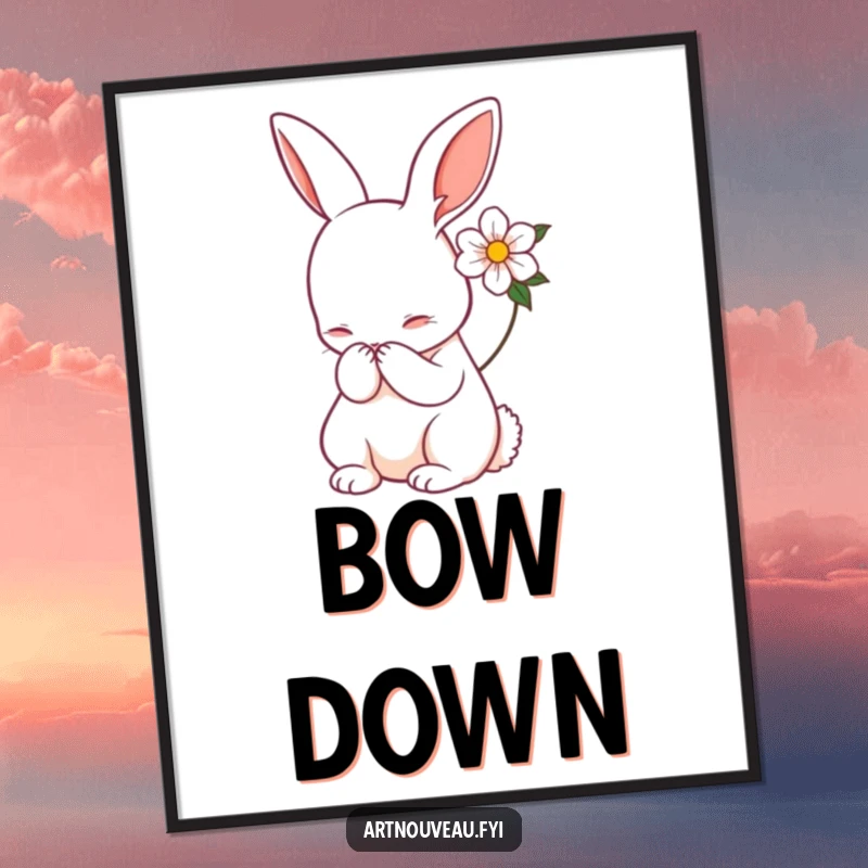 Funny rabbit poster, Art Nouveau style, gracefully bowing, flower accent, artistic wall decor, unique funny gift for art collectors.