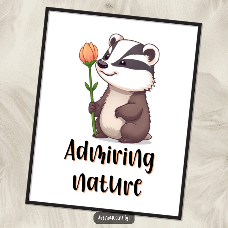 Funny Poster: A badger with a whimsical grin admiring a dramatically curved flower stem, a delightful and humorous piece of art.