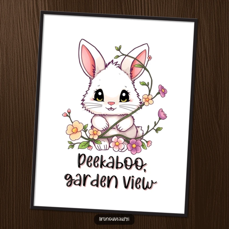 Funny bunny poster, a fluffy bunny with big expressive eyes peeking from a decorative floral vine, wall art.