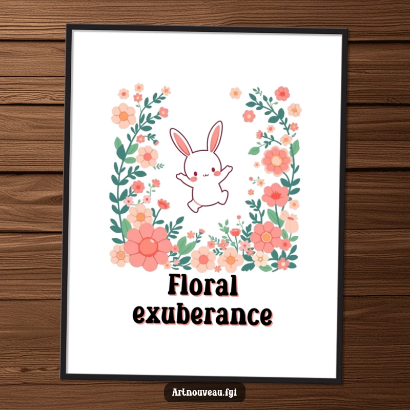 Funny Poster: A small bunny character leaping joyfully through a cascade of stylized floral patterns, a delightful and uplifting piece.