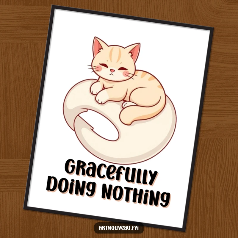 Funny poster art of a graceful cat elegantly lounging on a swirling organic form, adding artistic flair.