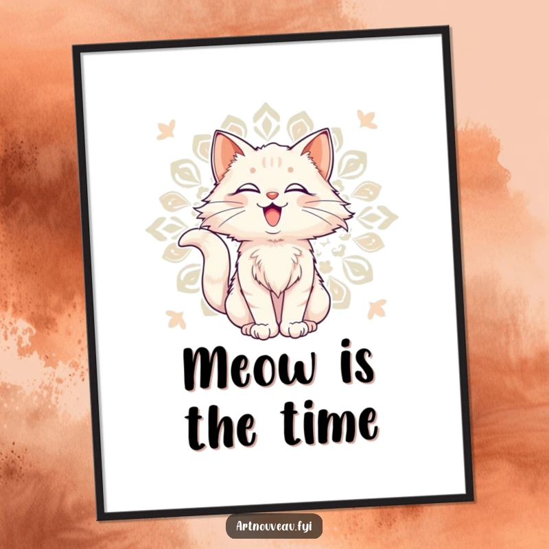 Funny Poster: Delighted cat with flowing fur posing against a decorative art nouveau pattern, beautiful and elegant wall art.