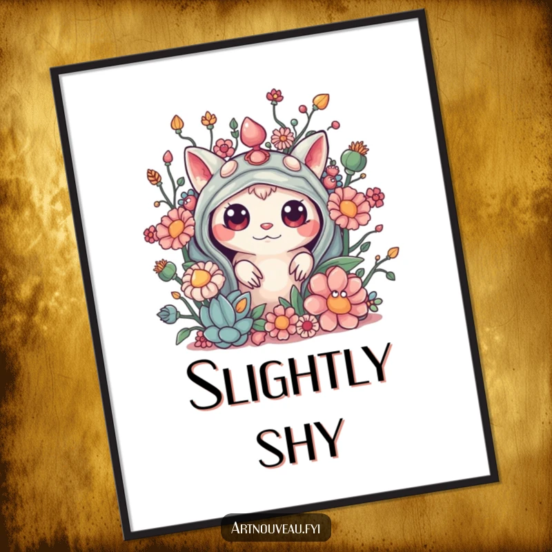 Funny poster print of a curious creature peeking from behind elaborate, organic embellishments, creating a visually engaging and mysterious artwork.