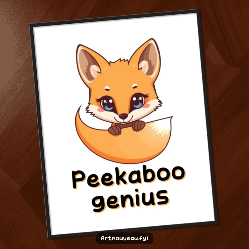 Funny Poster: A curious fox with bright eyes peeking from behind a flowing, organic curve of elegant lines, a witty and engaging piece.