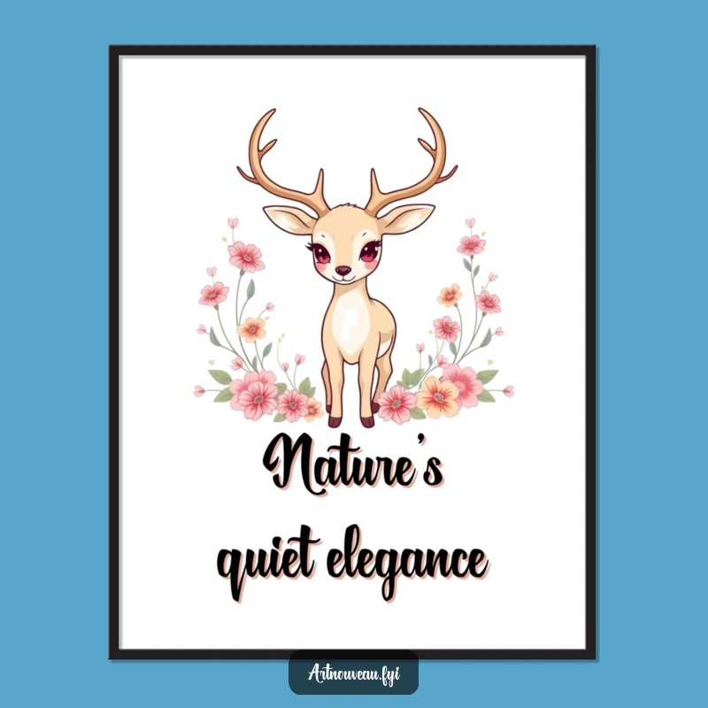Funny Deer Poster: Graceful Art Nouveau Print, Floral Motifs, Perfect Gift