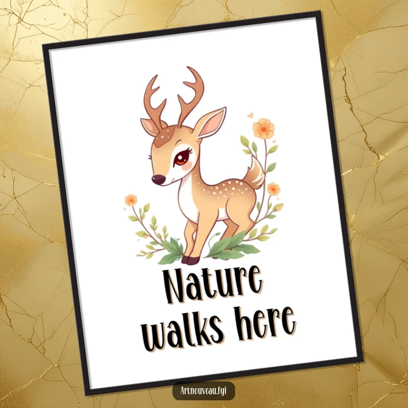 Funny Deer Poster: Graceful deer character entwined with decorative foliage, creating enchanting and humorous wall art for nature lovers.