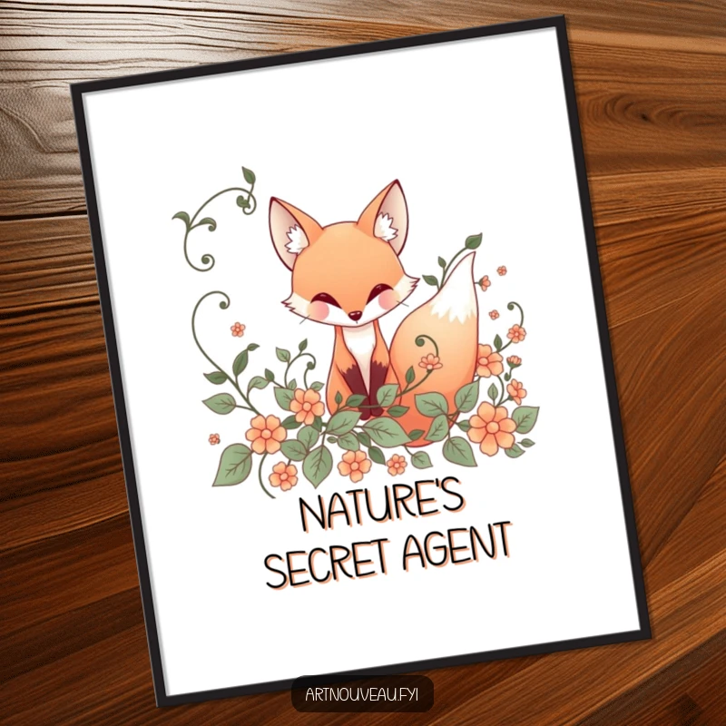 Funny Poster: Elegant art nouveau print of a whimsical fox with flowing lines peeking from ornate vines, beautiful wall decor.