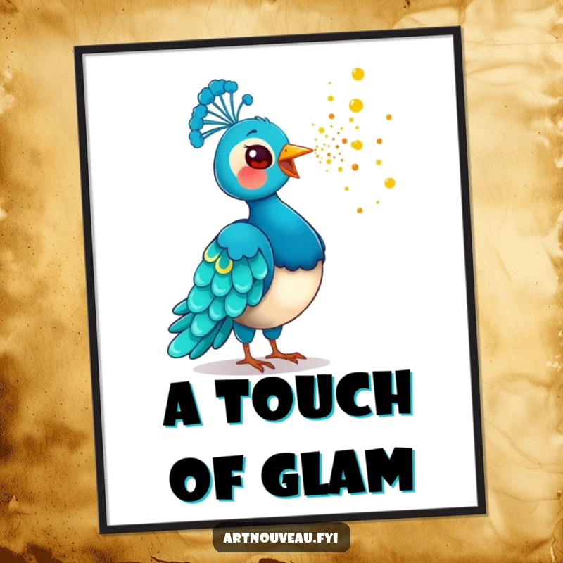 Funny Golden Dust Peacock Poster showing a playful bird scattering shimmering golden dust, creating a magical and humorous centerpiece for any wall.