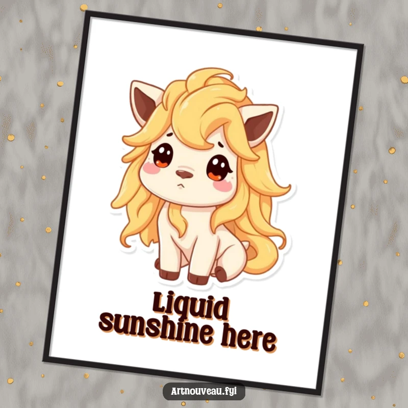 Funny poster of an animal with a flowing mane like liquid gold, looking up curiously, designed to inspire wonder.