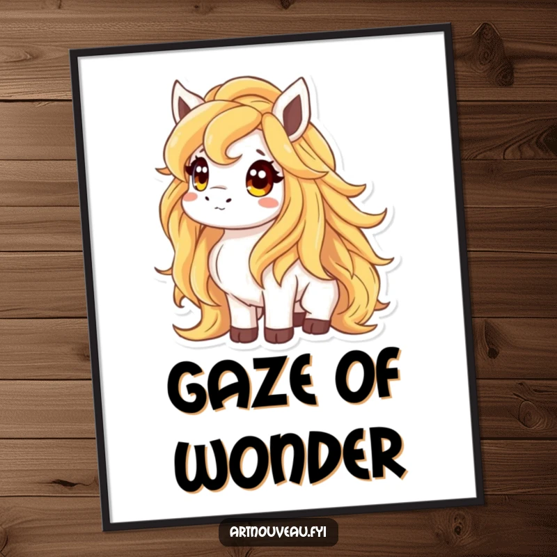 Funny poster featuring an animal with a flowing, liquid gold mane, gazing upwards with a curious expression, creating an enchanting focal point.